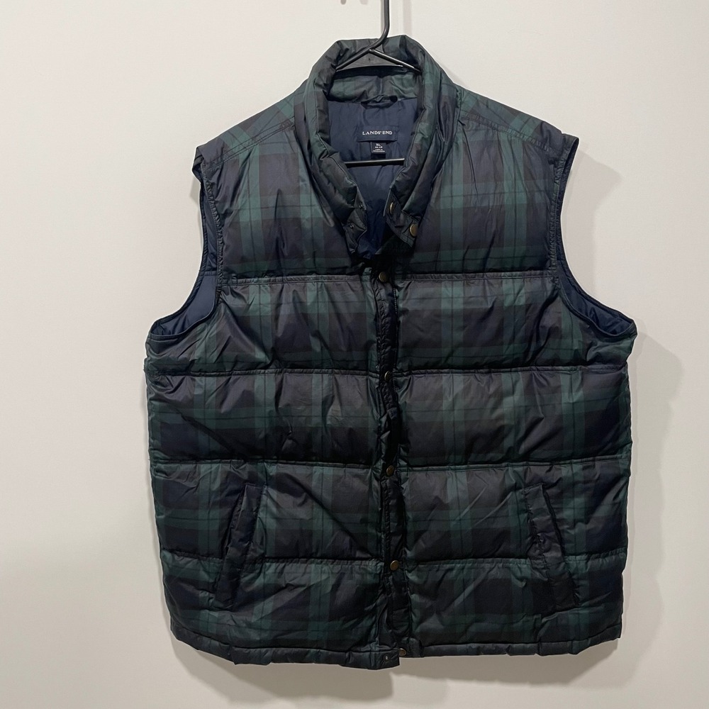 Lands End Men's Plaid Puffer Vest XL Insulated Full Zip Padded Outdoor‎ Gilet